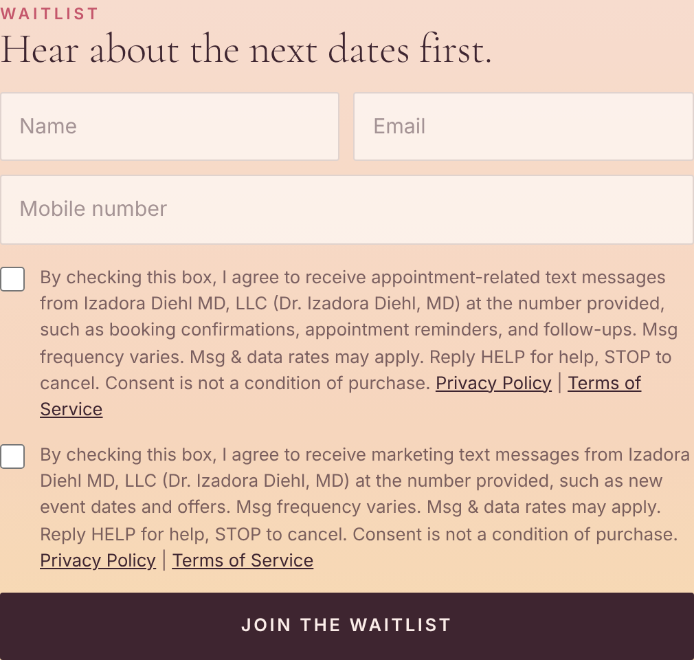 Step 1. The waitlist form appears at the bottom of every page on dradora.com, including dradora.com/book. Both SMS checkboxes are unchecked by default and optional.